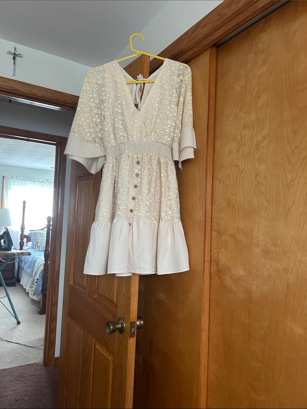 Cream Lace V-Neck Mini Dress with Ruffle Hem